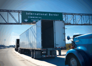 Truck driving towards an International Border Crossing