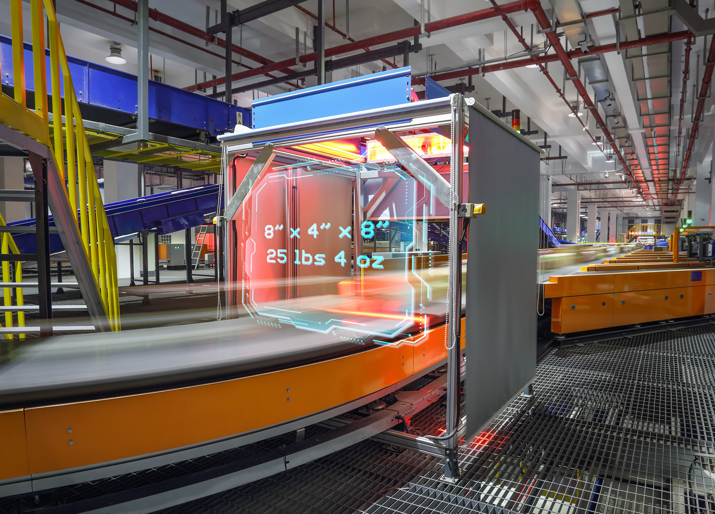 Industrial production line with a curved orange conveyor and a neon holographic readout showing 8×4×3 in, 25 lbs 4 oz.