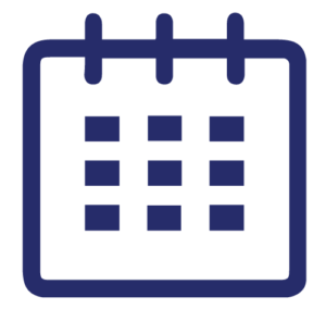Blue calendar icon with three rings at the top and a 3x4 grid representing dates, used to indicate scheduling or events.
