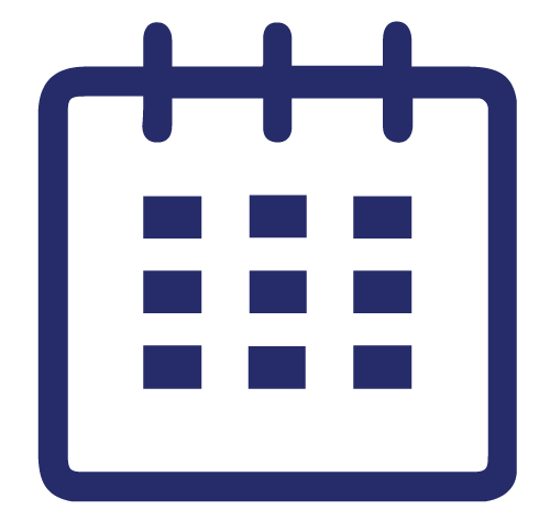 Blue calendar icon with three rings at the top and a 3x4 grid representing dates, used to indicate scheduling or events.