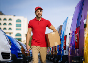 Delivery worker in a red polo and cap carries a cardboard box between colorful delivery vans in a parking lot.
