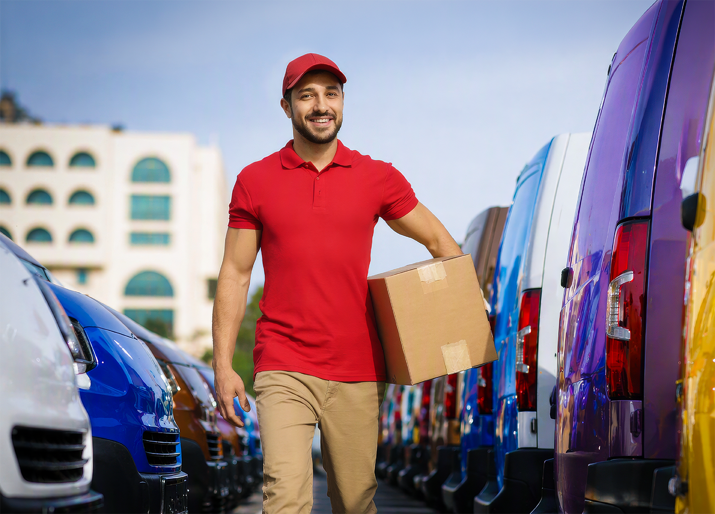 Delivery worker in a red polo and cap carries a cardboard box between colorful delivery vans in a parking lot.