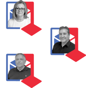 Three grayscale team portraits (woman and two men) each within blue square frames and red diamond accents, arranged diagonally as a team collage.