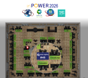 Isometric conference floor plan for InPOWER 2026 showing booth rows, green labels, and a central circular area with Varsity Logistics booth #45 and CloudLeap.